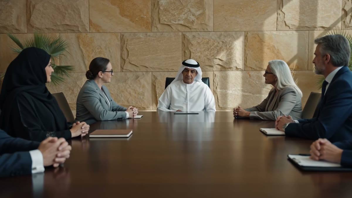 A leadership team in discussion around a conference table